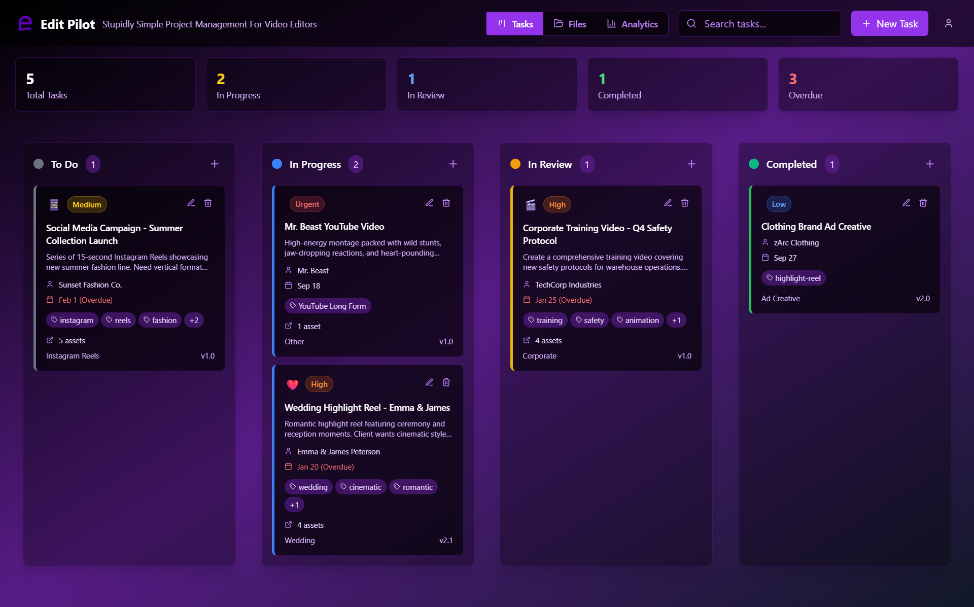 Screenshot of Edit Pilot kanban board for video editing projects