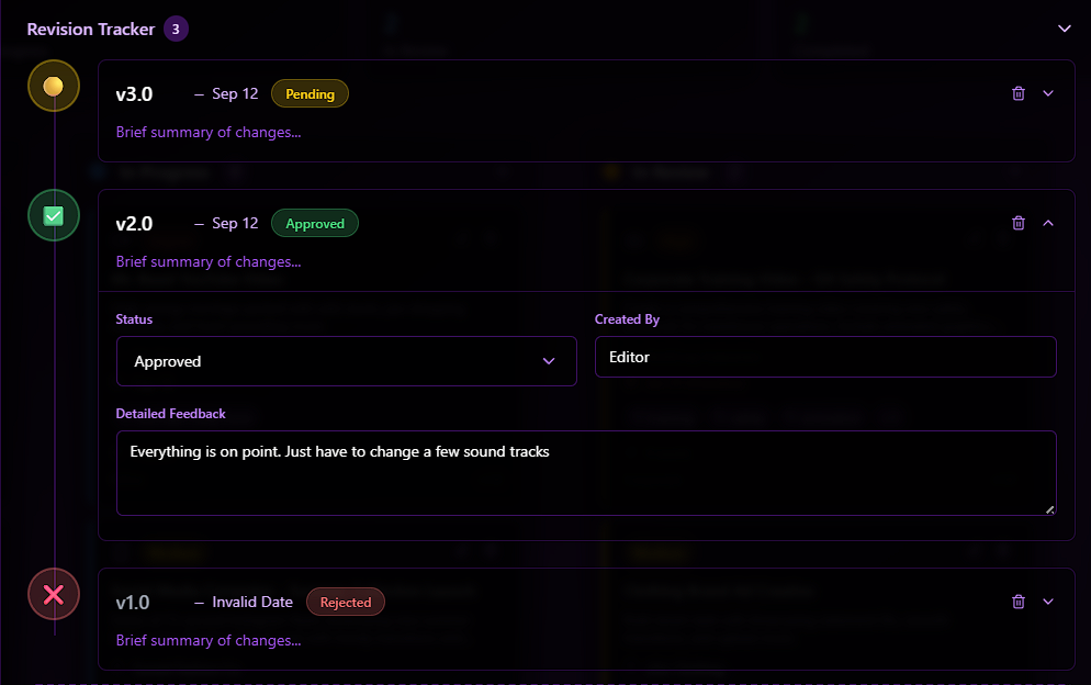 Screenshot of Edit Pilot Kanban Board Revision Tracker for video editor