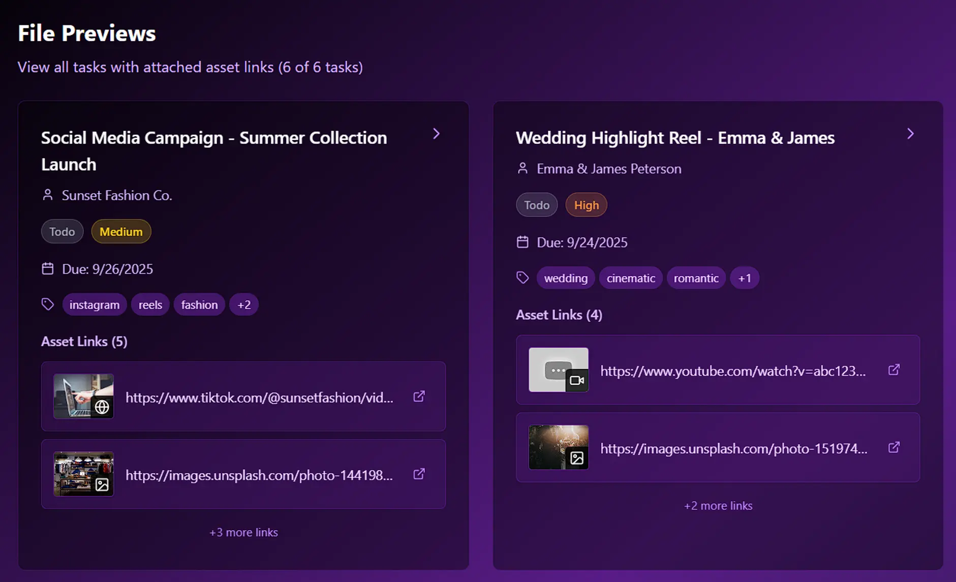 Screenshot of Edit Pilot Kanban Board File/Asset Preview Dashboard for video editor